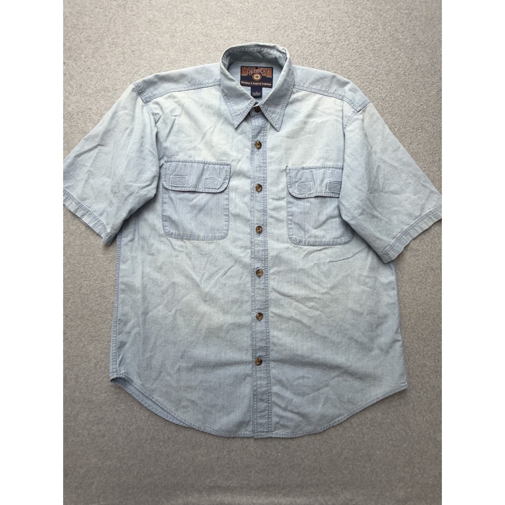 Duluth Trading Co Mens Large Blue Chambray Short Sleeve Button Up Work Shirt